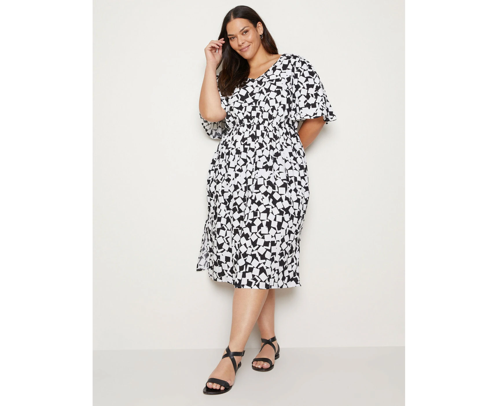 Autograph - Womens Plus Size - Dress - Winter - A Line - White - Elbow Sleeve - V Neck - Woven - Mono Square Aztec - Office Wear - Casual Work Clothes