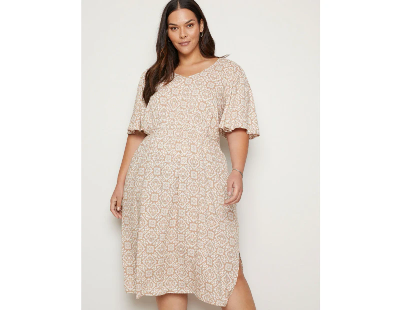 AUTOGRAPH - Plus Size -  V Neck Elbow Sleeve Midi Woven Dress - Neutral Tile