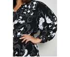 AUTOGRAPH - Plus Size -  3/4 Sleeve Notched Neck Button Tiered Midi Woven Dress - Black/White Floral