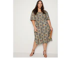 AUTOGRAPH - Plus Size -  V Neck Elbow Sleeve Midi Woven Dress - Blue Abstract