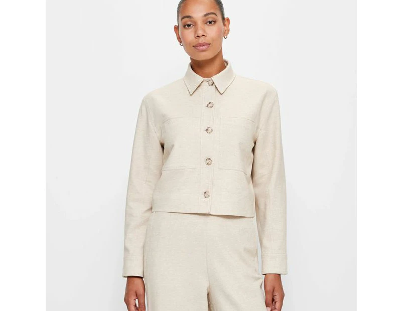 Linen Blend Long Sleeve Utility Crop Jacket - Preview - Beige