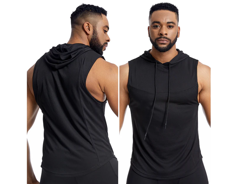 Men's Workout Hooded Tank Tops Sleeveless Gym Hoodies Bodybuilding Muscle Shirts-Tank Top M55 Black