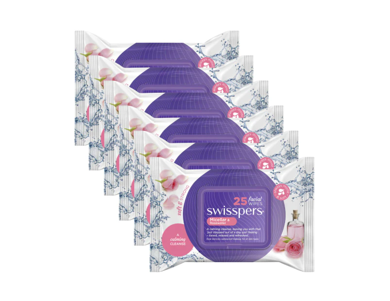 6 x Swisspers Facial Wipes Micellar & Rosewater 25 Pack