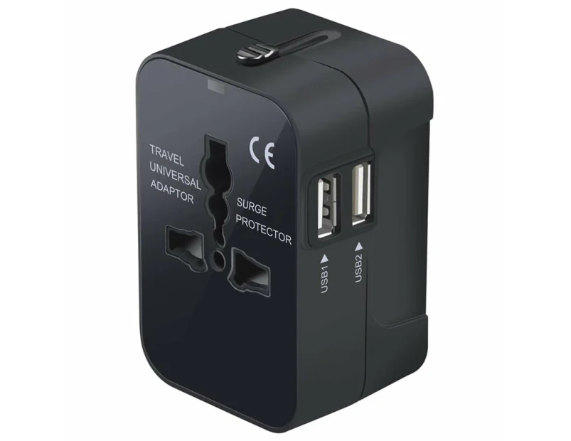 WASSUP Worldwide All in One Universal Travel Adaptor Wall AC Power Plug Adapter Wall Charger with Dual USB-A Charging Ports for USA EU UK AU-Black