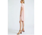 KATIES - Womens Dress -  Short Sleeve Split Neck Linen Blend Shift Dress - Pink