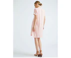 KATIES - Womens Dress -  Short Sleeve Split Neck Linen Blend Shift Dress - Pink