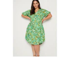 AUTOGRAPH - Plus Size -  V Neck Frill Sleeve Over The Knee Woven Dress - Green Leaf