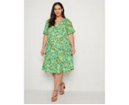 AUTOGRAPH - Plus Size -  V Neck Frill Sleeve Over The Knee Woven Dress - Green Leaf