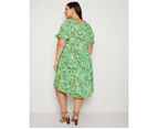 AUTOGRAPH - Plus Size -  V Neck Frill Sleeve Over The Knee Woven Dress - Green Leaf