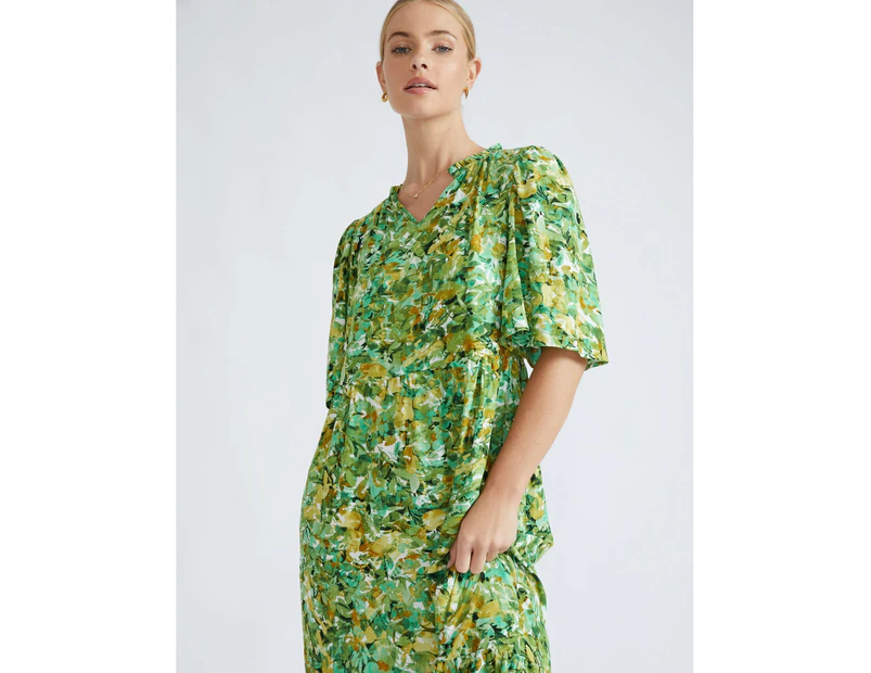 KATIES -  Tiered Dress With Short Flutter Sleeve - Leaf