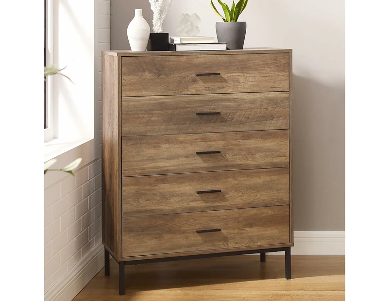 5 Drawer Chest Wood Storage Dresser Cabinet with Industrial Legs for Office or Bedroom