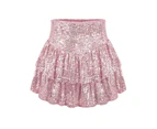 Women Sequin 2 in 1 Skirt with Leggings Flowy Skorts Sexy Two Layered Skorts - Pink