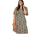 AUTOGRAPH - Plus Size -  V Neck Elbow Sleeve Midi Woven Dress - Blue Abstract