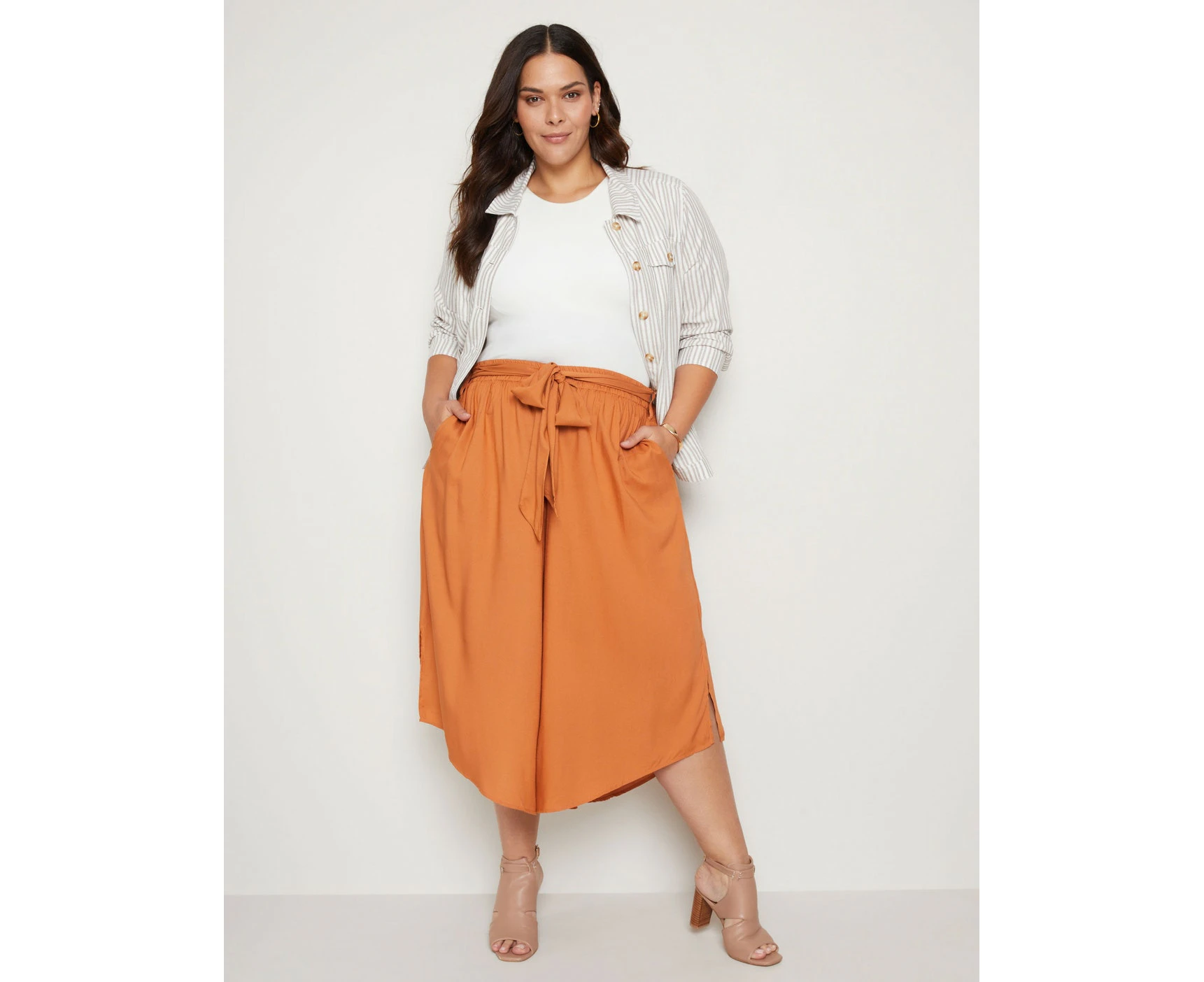 Autograph - Womens Plus Size - Pants / Trousers - Summer - Orange - Cropped - Tan - Wide Leg - High Waisted - Casual Fashion Office Wear Work Clothes