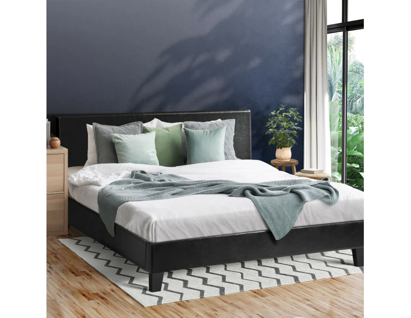 Oikiture Bed Frame Double Size Platform Bed Base Frame Leather Headboard