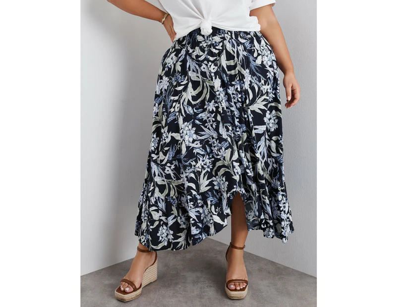 BeMe - Plus Size - Womens Skirts -  Shirred Waist Button Detail Skirt - Blue