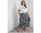 BeMe - Plus Size - Womens Skirts -  Shirred Waist Button Detail Skirt - Blue