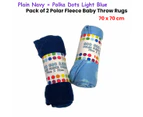 Goo Goo Baby Pack of 2 Plain Navy + Polka Dots Light Blue Polar Fleece Baby Throw Rugs 70 x 70 cm