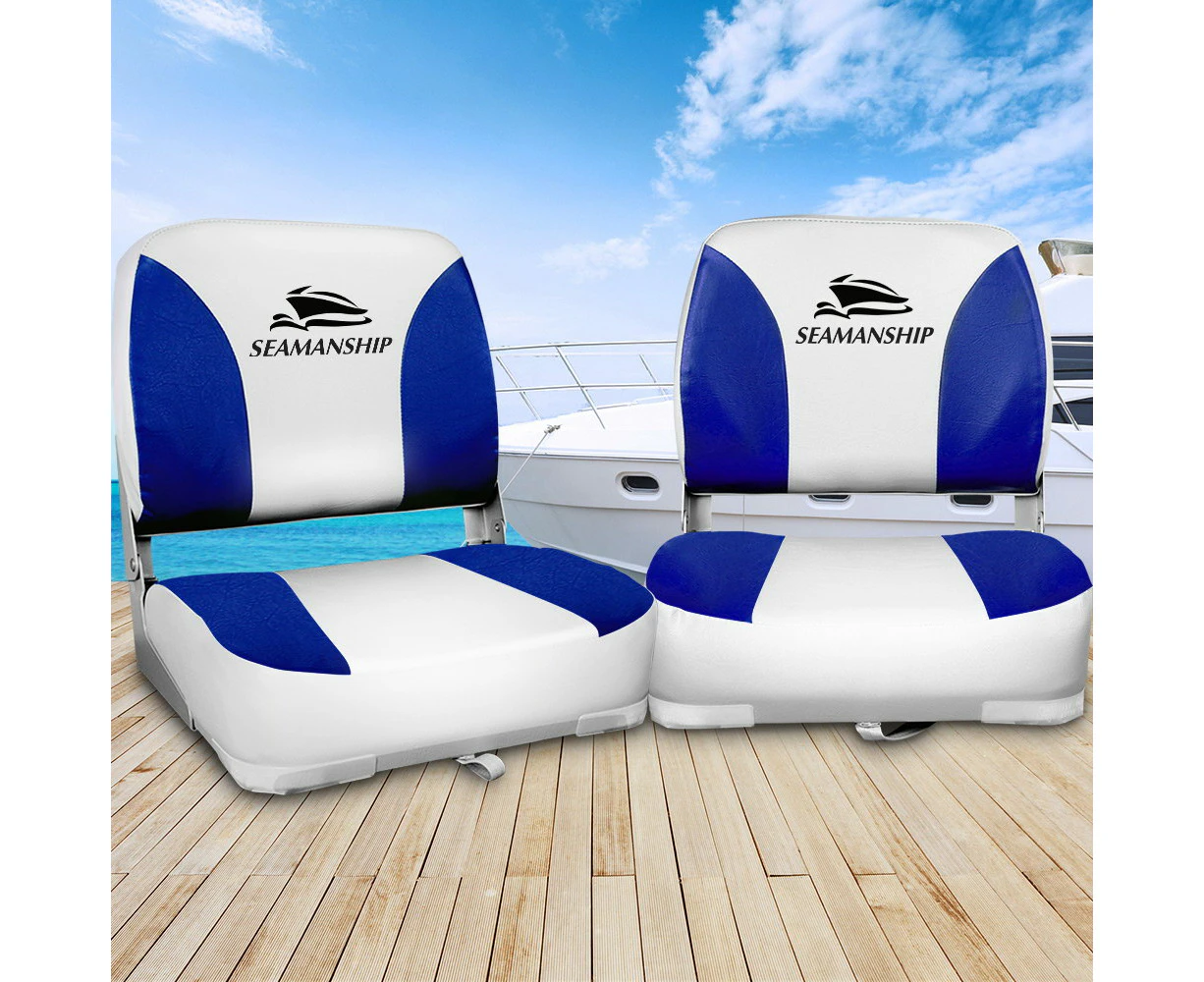 Seamanship 2X Folding Boat Seats Marine Swivel Low Back 13cm Padding White Blue