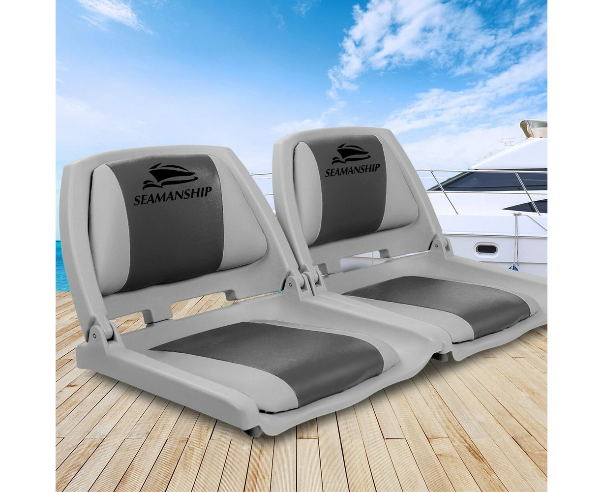 Seamanship 2X Folding Boat Seats Marine Seat Swivel Low Back 4cm Padding Grey