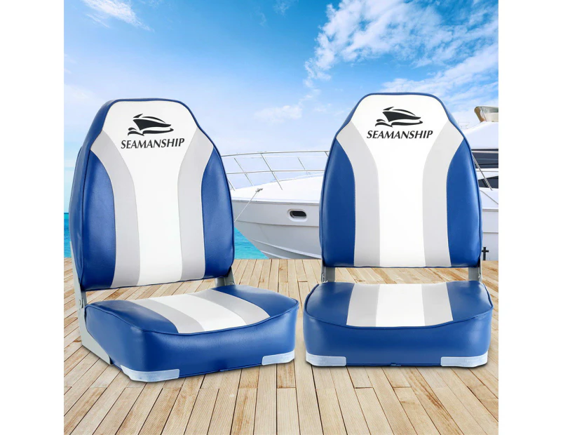 Seamanship 2X Folding Boat Seats Marine Seat Swivel High Back 12cm Padding Blue