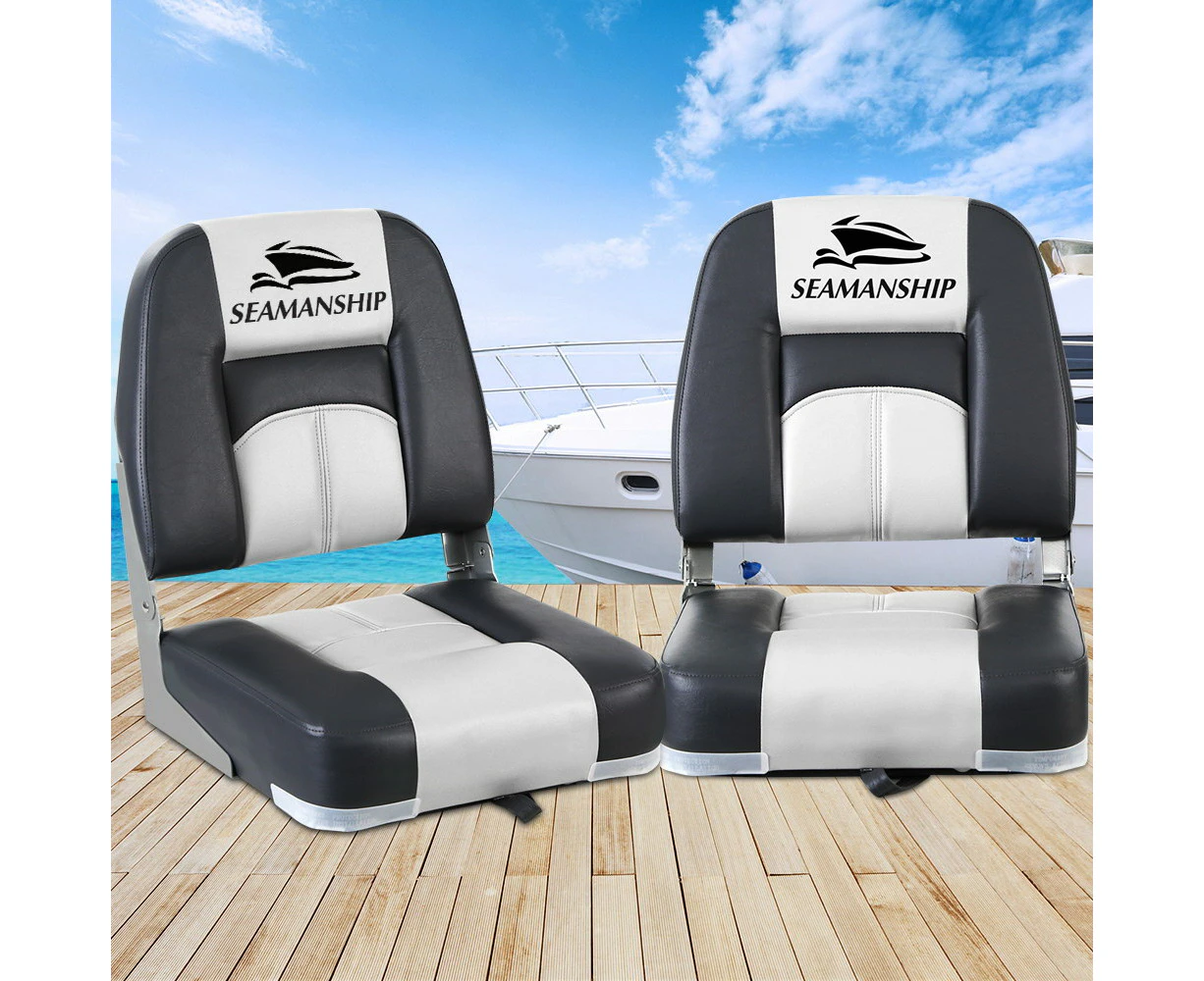 Seamanship 2X Folding Boat Seats Marine Seat Swivel Low Back 10cm Padding Grey