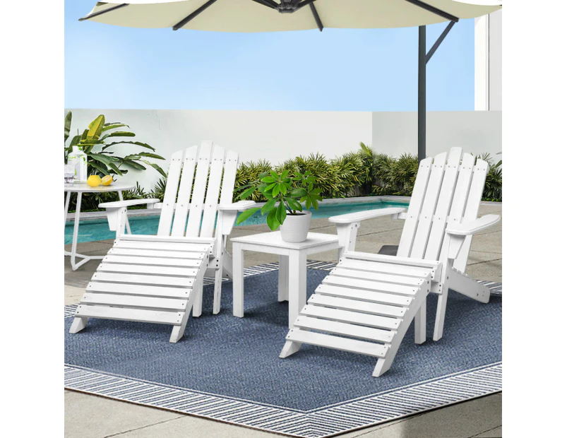 Gardeon 5PC Adirondack Outdoor Table and Chairs Wooden Sun Lounge Patio Furniture White