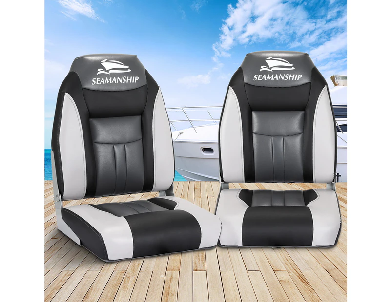 Seamanship 2X Folding Boat Seats Marine Seat Swivel High Back 12cm Padding Black