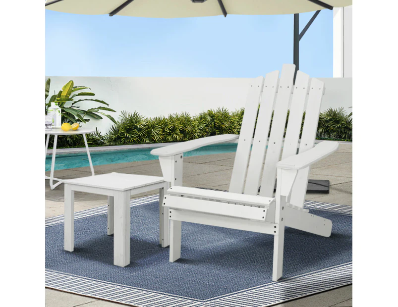 Gardeon 2PC Adirondack Outdoor Table and Chair Wooden Beach Chair Patio Furniture White