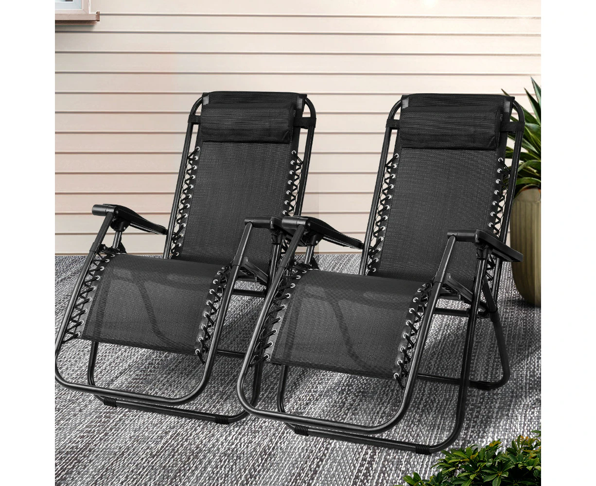 Gardeon 2PC Zero Gravity Chair Folding Outdoor Recliner Adjustable Sun Lounge Camping Black