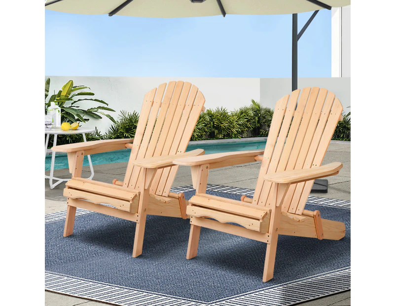 Gardeon Adirondack Outdoor Chairs Wooden Beach Chair Patio Furniture Garden Natural Set of 2