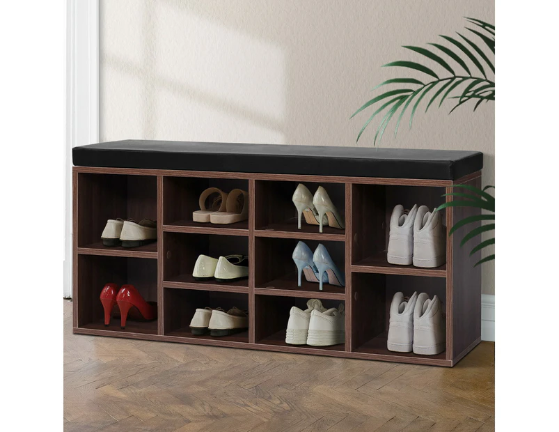 Artiss Shoe Rack Cabinet Bench 10 Cubes - Walnut