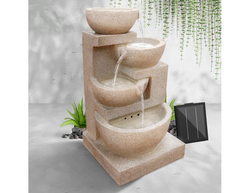 Gardeon Solar Water Feature Cascading Fountain 4-Tier Bowl LED Lights 72CM Sand