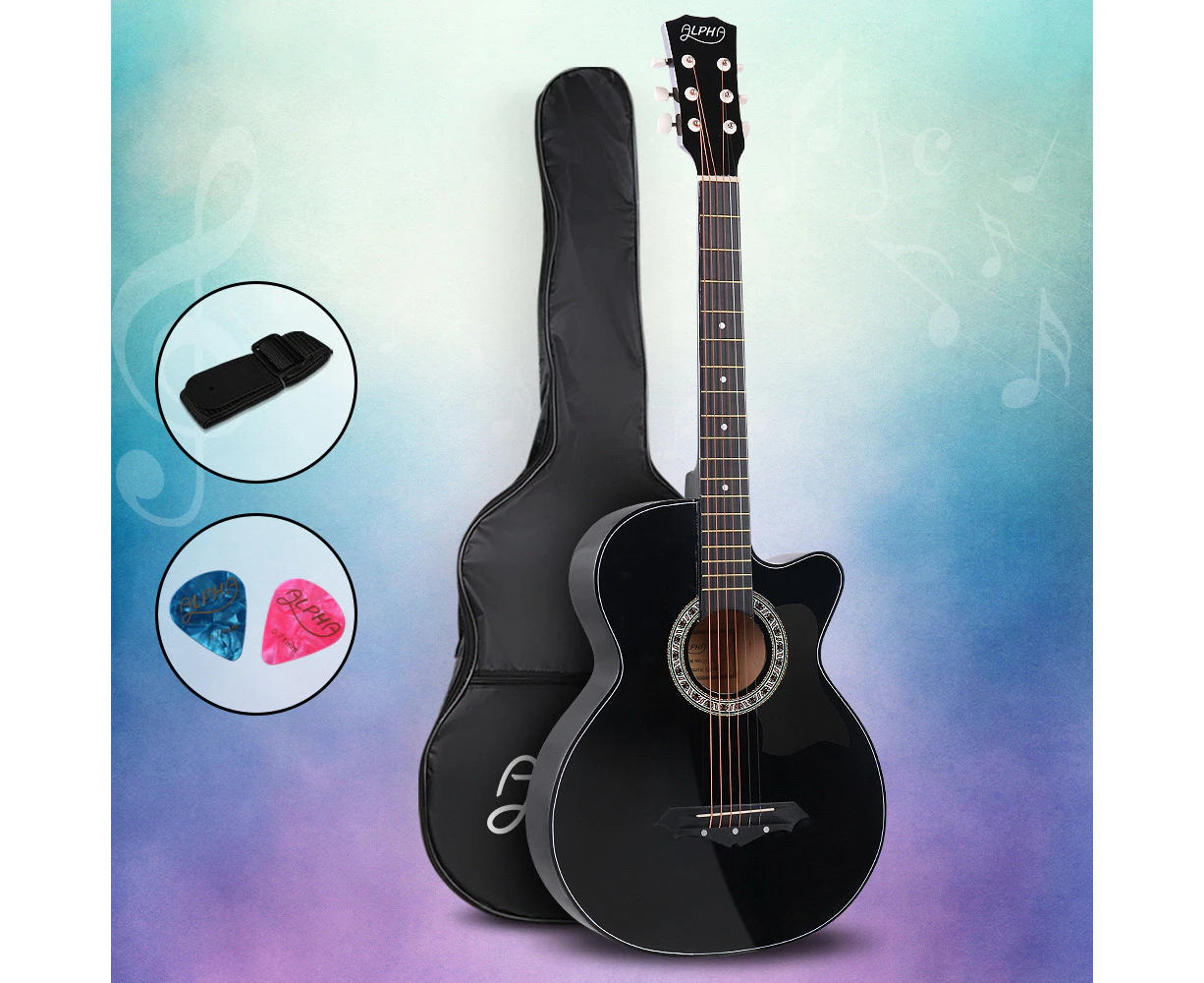 Alpha 38 Inch Acoustic Guitar Wooden Body Steel String Full Size Cutaway Black