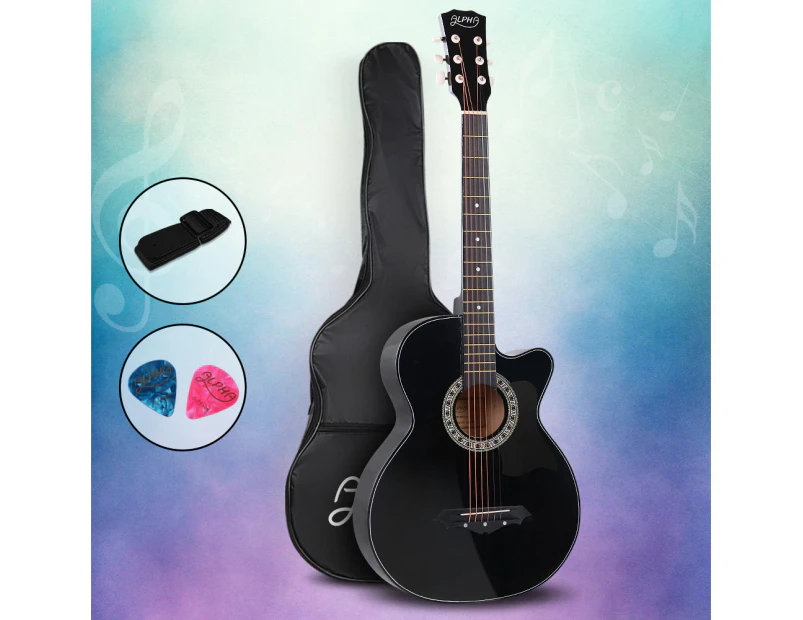 Alpha 38 Inch Acoustic Guitar Wooden Body Steel String Full Size Cutaway Black