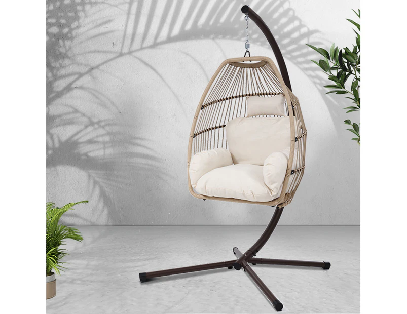 Gardeon Outdoor Egg Swing Chair Wicker Rope Furniture Pod Stand Cushion Latte