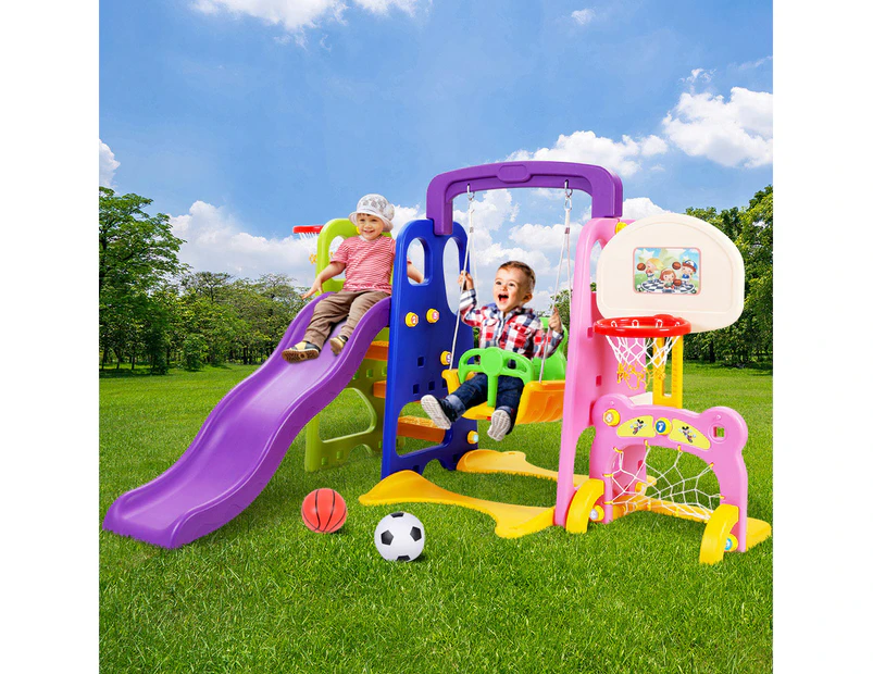 Keezi Kids Slide Swing Set Basketball Hoop Study Table Outdoor Toys 140cm Purple