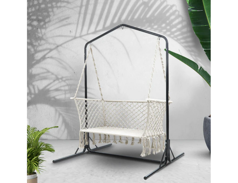 Gardeon Hammock Chair with Stand Macrame Outdoor Garden 2 Seater Cream