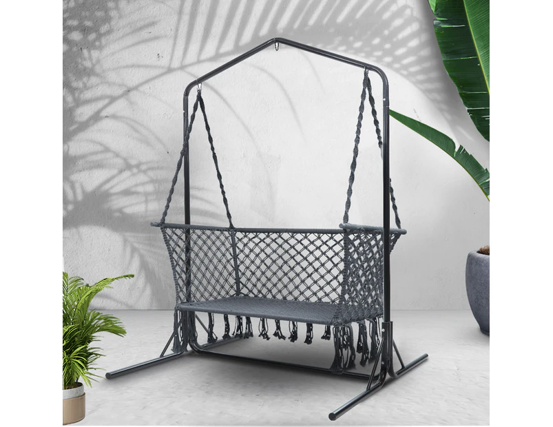 Gardeon Hammock Chair with Stand Macrame Outdoor Garden 2 Seater Grey