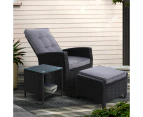 Gardeon 3PC Recliner Chairs Table Sun lounge Wicker Outdoor Furniture Adjustable Black