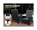 Gardeon 3PC Recliner Chairs Table Sun lounge Wicker Outdoor Furniture Adjustable Black