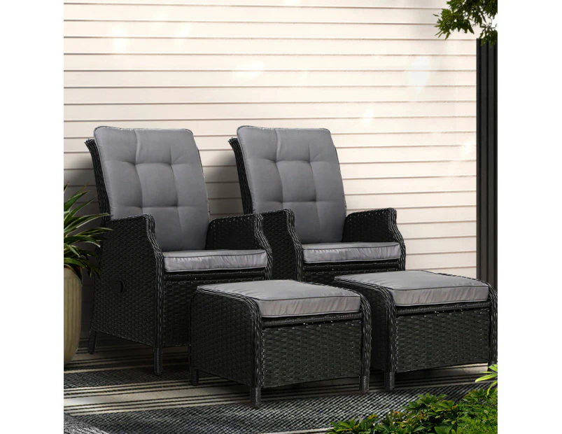 Gardeon 2PC Recliner Chair Sun lounge Wicker Lounger Outdoor Furniture Adjustable Black