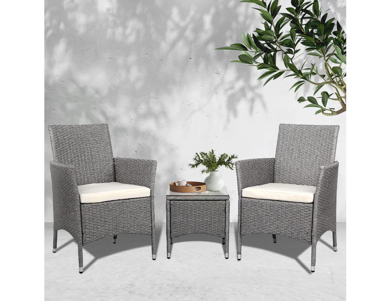 Gardeon 3PC Outdoor Bistro Set Patio Furniture Wicker Setting Chairs Table  Cushion Grey