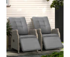 Gardeon 2PC Recliner Chairs Sun lounge Wicker Lounger Outdoor Furniture Adjustable Grey