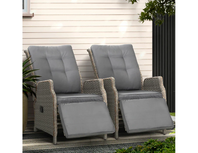 Gardeon 2PC Recliner Chairs Sun lounge Wicker Lounger Outdoor Furniture Adjustable Grey