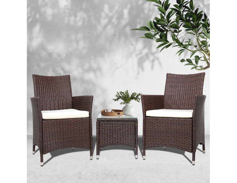 Gardeon 3PC Outdoor Bistro Set Patio Furniture Wicker Setting Chairs Table Cushion Brown