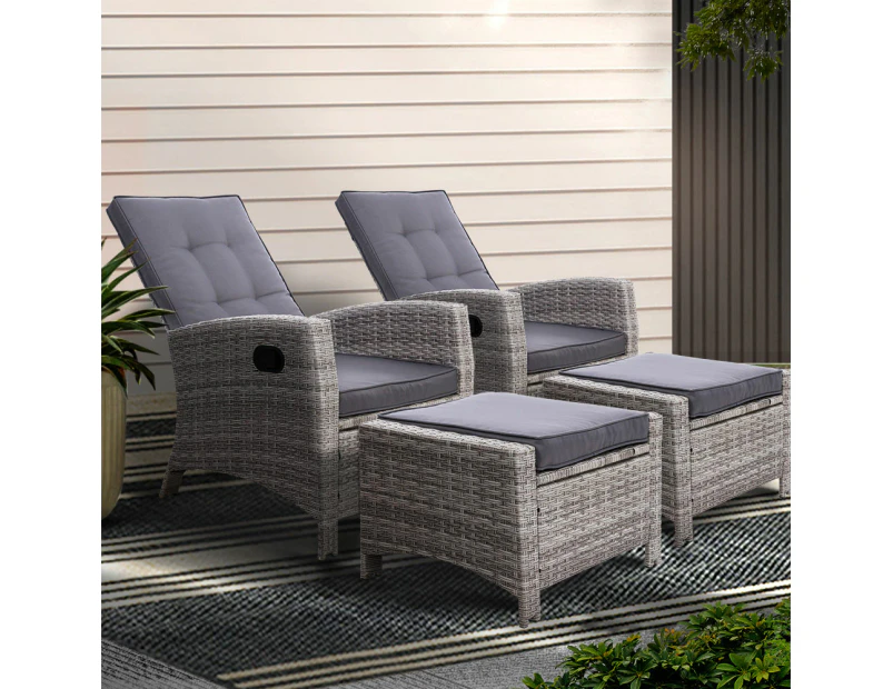 Gardeon 2PC Recliner Chairs Sun lounge Wicker Lounger Outdoor Furniture Adjustable Grey