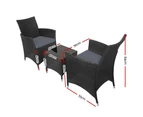 Gardeon 3PC Outdoor Bistro Set Patio Furniture Wicker Chairs Table Cushion All Black