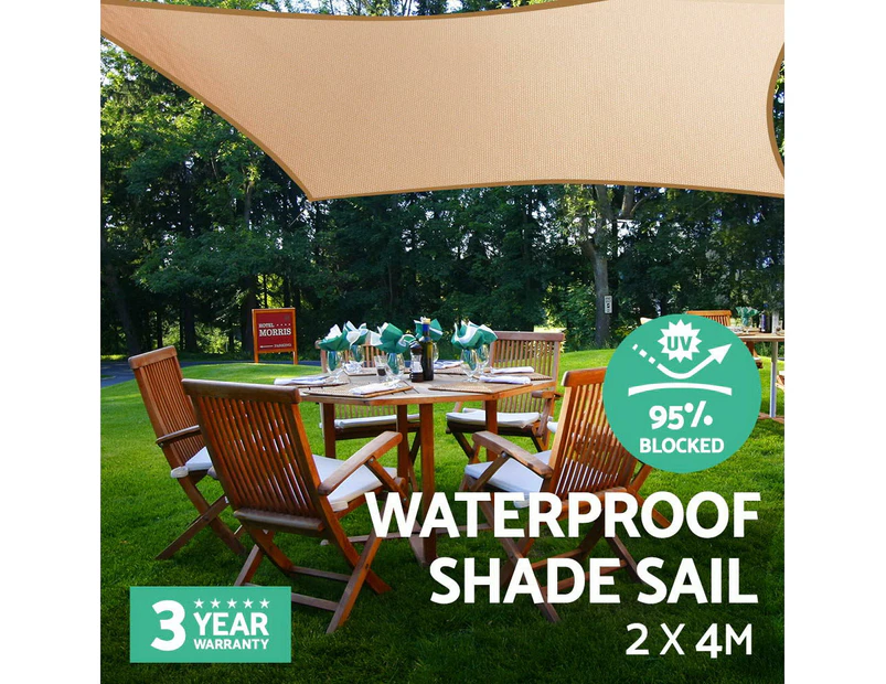 Instahut Waterproof Shade Sail 2x4m Rectangle Sand 95% Shade Cloth