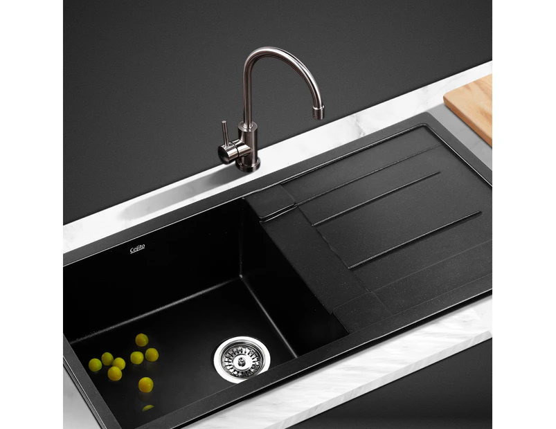 Cefito Kitchen Sink Stone Sink Granite Laundry Basin Single Bowl 86cmx50cm Black